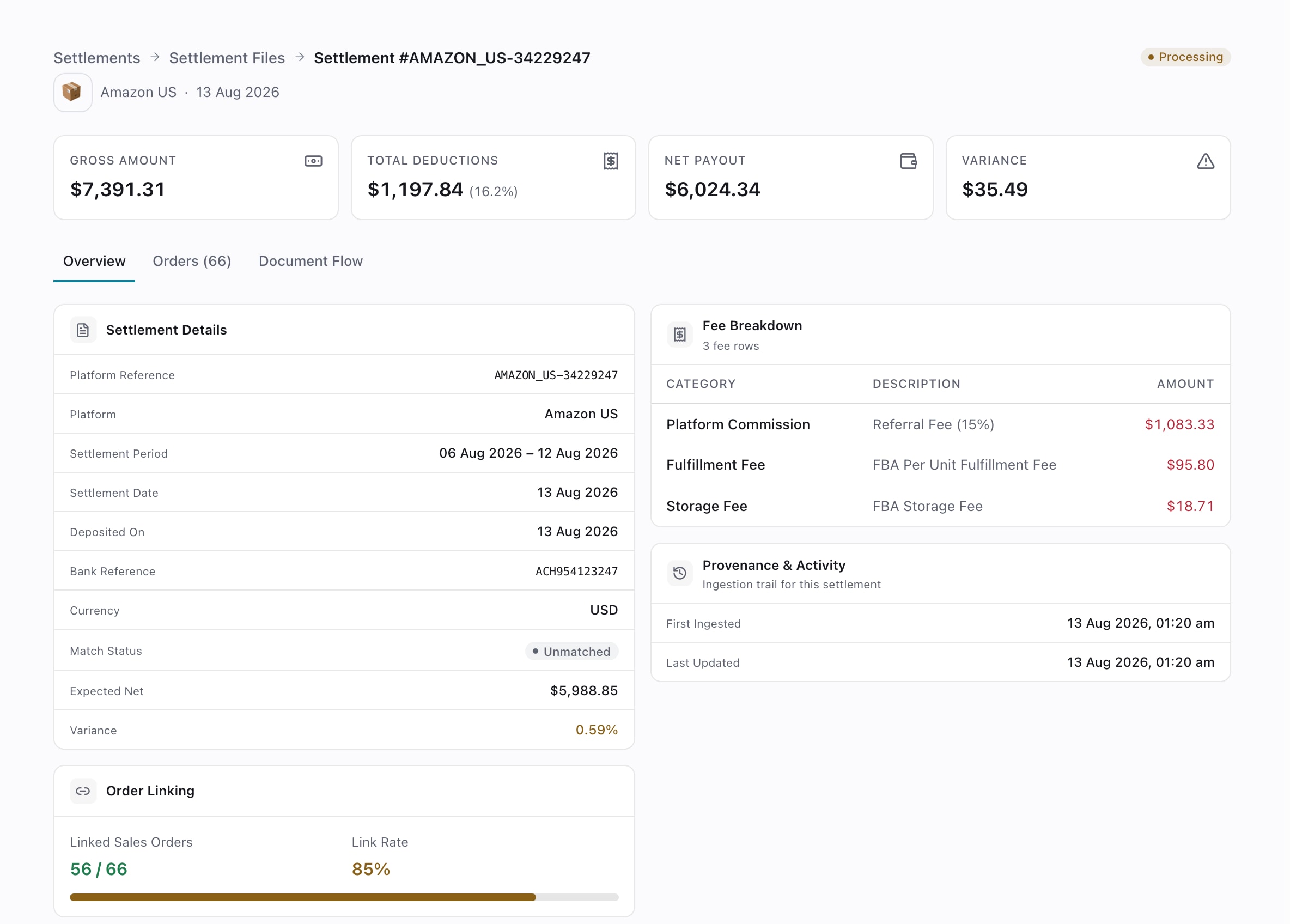 Settlement detail showing gross amount, total deductions, net payout and a fee breakdown