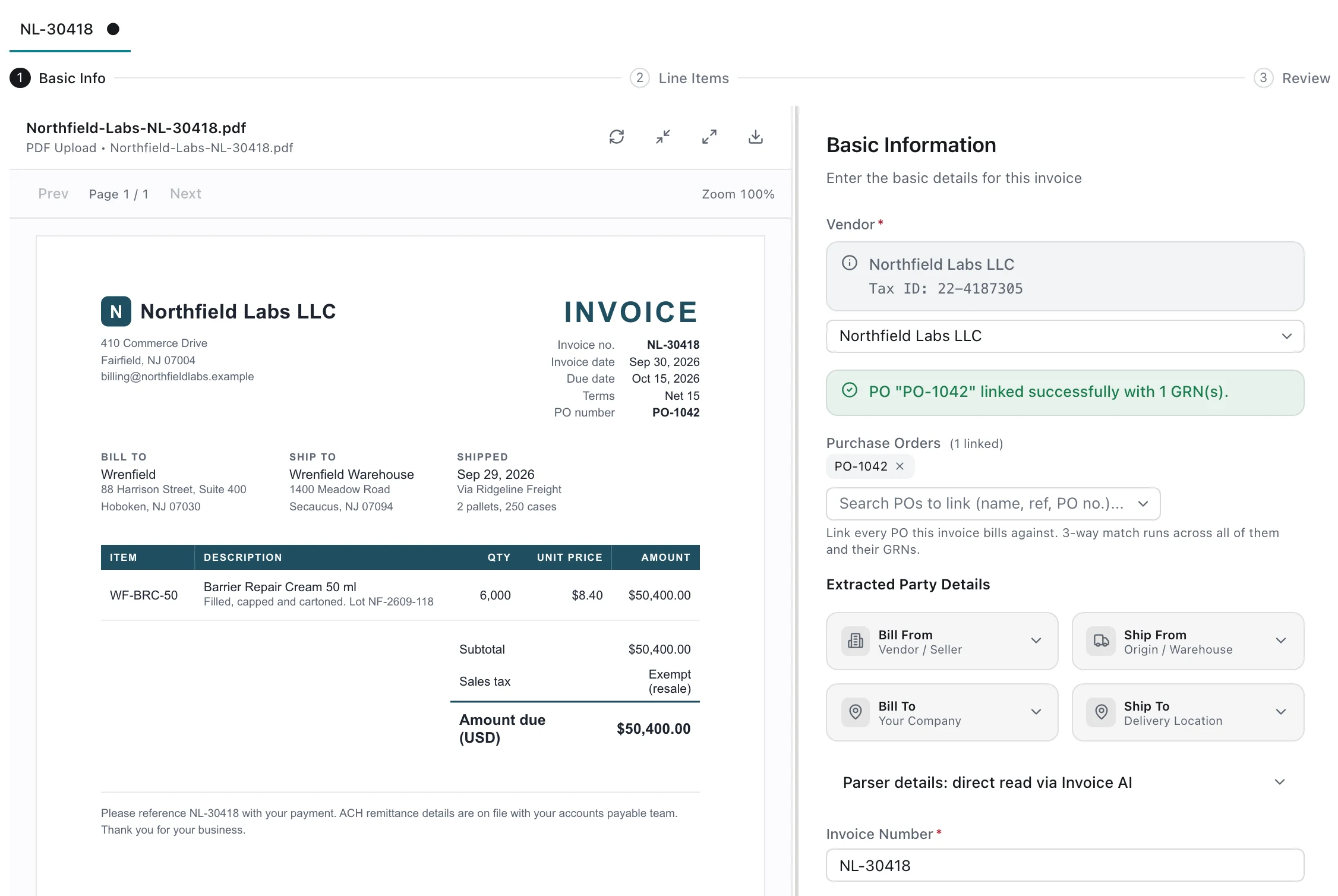 Invoice AI reading the Northfield Labs bill: the PDF on the left, the extracted vendor, invoice number NL-30418, dates and the linked purchase order on the right.