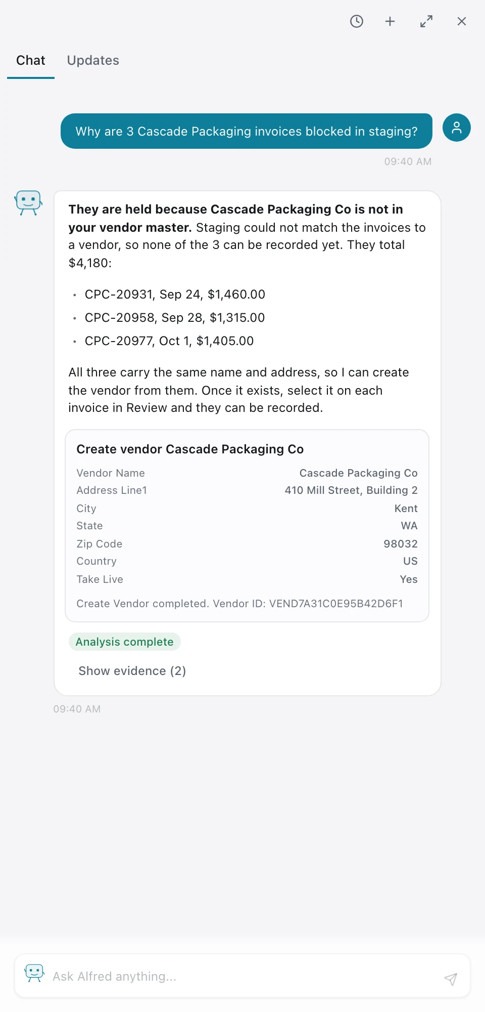 Alfred explains why three Cascade Packaging invoices are held in staging and, once a person confirms, creates the vendor so they can be recorded